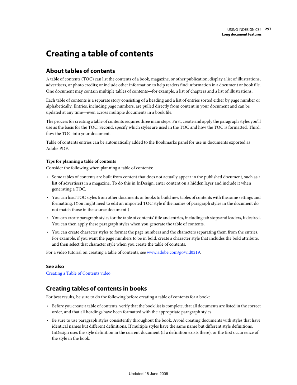 Creating a table of contents, About tables of contents, Creating tables of contents in books | Adobe InDesign CS4 User Manual | Page 305 / 717