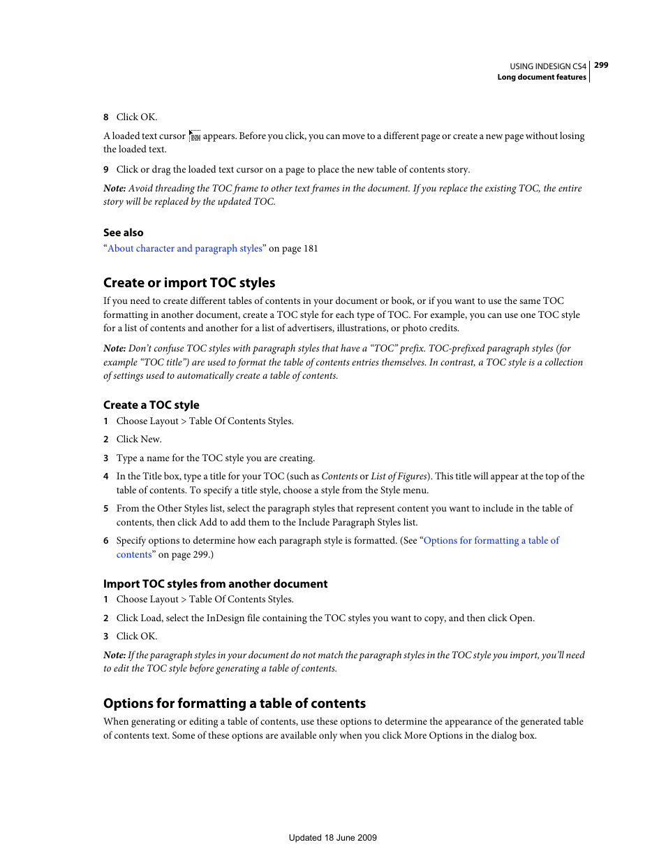 Create or import toc styles, Create a toc style, Import toc styles from another document | Options for formatting a table of contents, Creating table of contents styles. (see, Options for, Formatting a table of contents | Adobe InDesign CS4 User Manual | Page 307 / 717