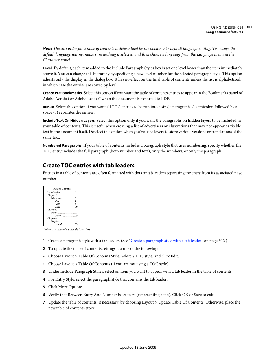 Create toc entries with tab leaders | Adobe InDesign CS4 User Manual | Page 309 / 717