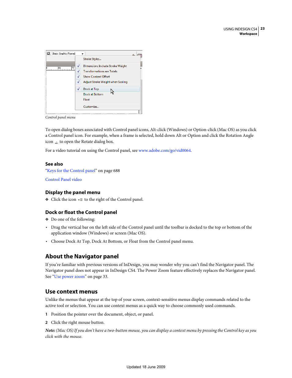 Display the panel menu, Dock or float the control panel, About the navigator panel | Use context menus | Adobe InDesign CS4 User Manual | Page 31 / 717