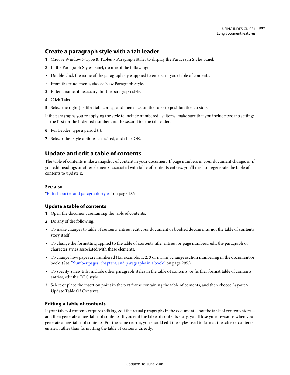 Create a paragraph style with a tab leader, Update and edit a table of contents, Update a table of contents | Editing a table of contents | Adobe InDesign CS4 User Manual | Page 310 / 717