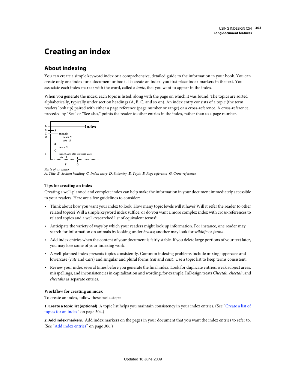 Creating an index, About indexing | Adobe InDesign CS4 User Manual | Page 311 / 717