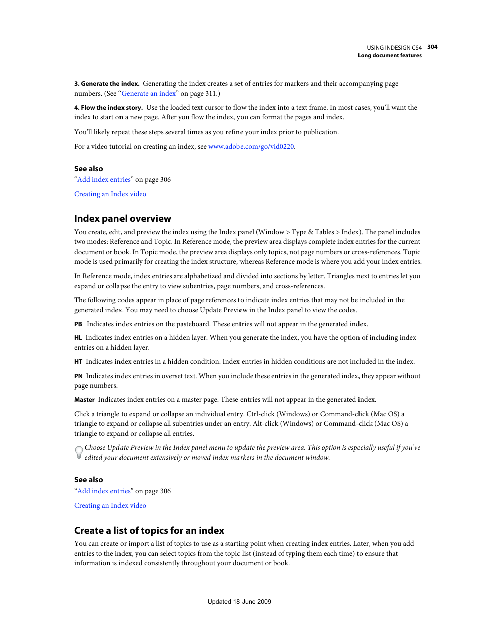 Index panel overview, Create a list of topics for an index, Create a list of | Topics for an index | Adobe InDesign CS4 User Manual | Page 312 / 717