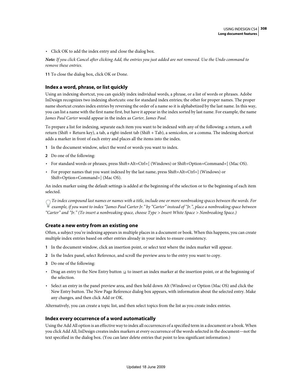 Index a word, phrase, or list quickly, Create a new entry from an existing one, Index every occurrence of a word automatically | Adobe InDesign CS4 User Manual | Page 316 / 717