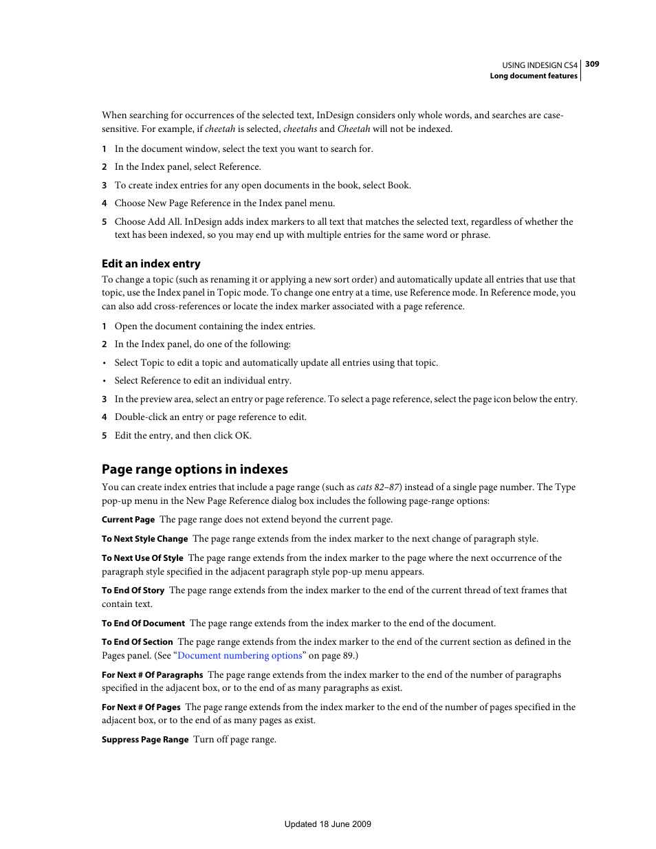 Edit an index entry, Span of the entry in the type pop-up menu. (see, Page range options in indexes | Adobe InDesign CS4 User Manual | Page 317 / 717