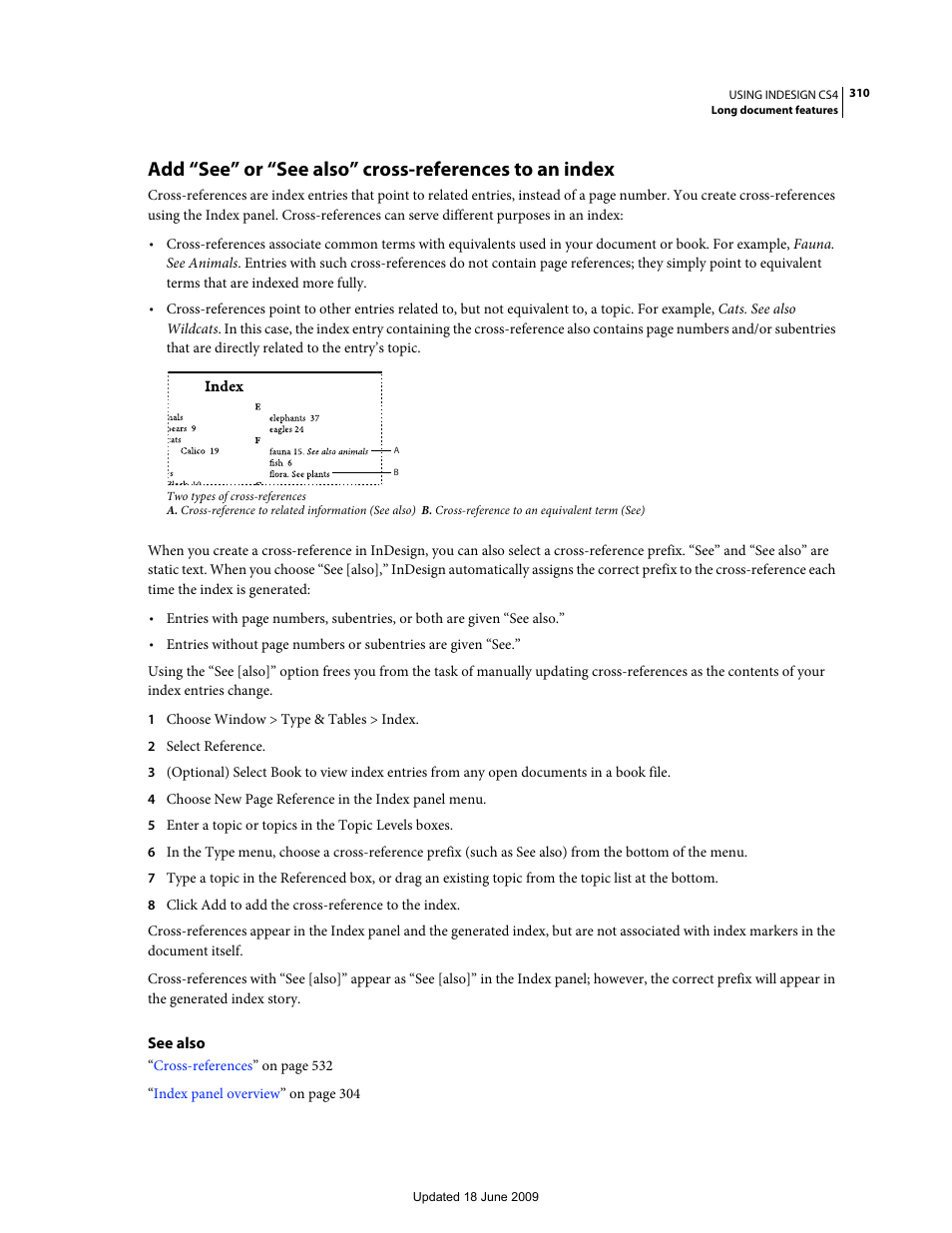 Add “see” or, See also” cross-references to an index | Adobe InDesign CS4 User Manual | Page 318 / 717