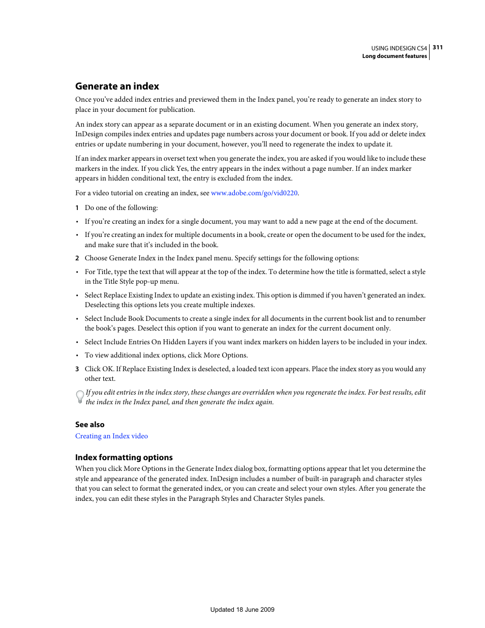 Generate an index, Index formatting options, Numbers. (see | Adobe InDesign CS4 User Manual | Page 319 / 717