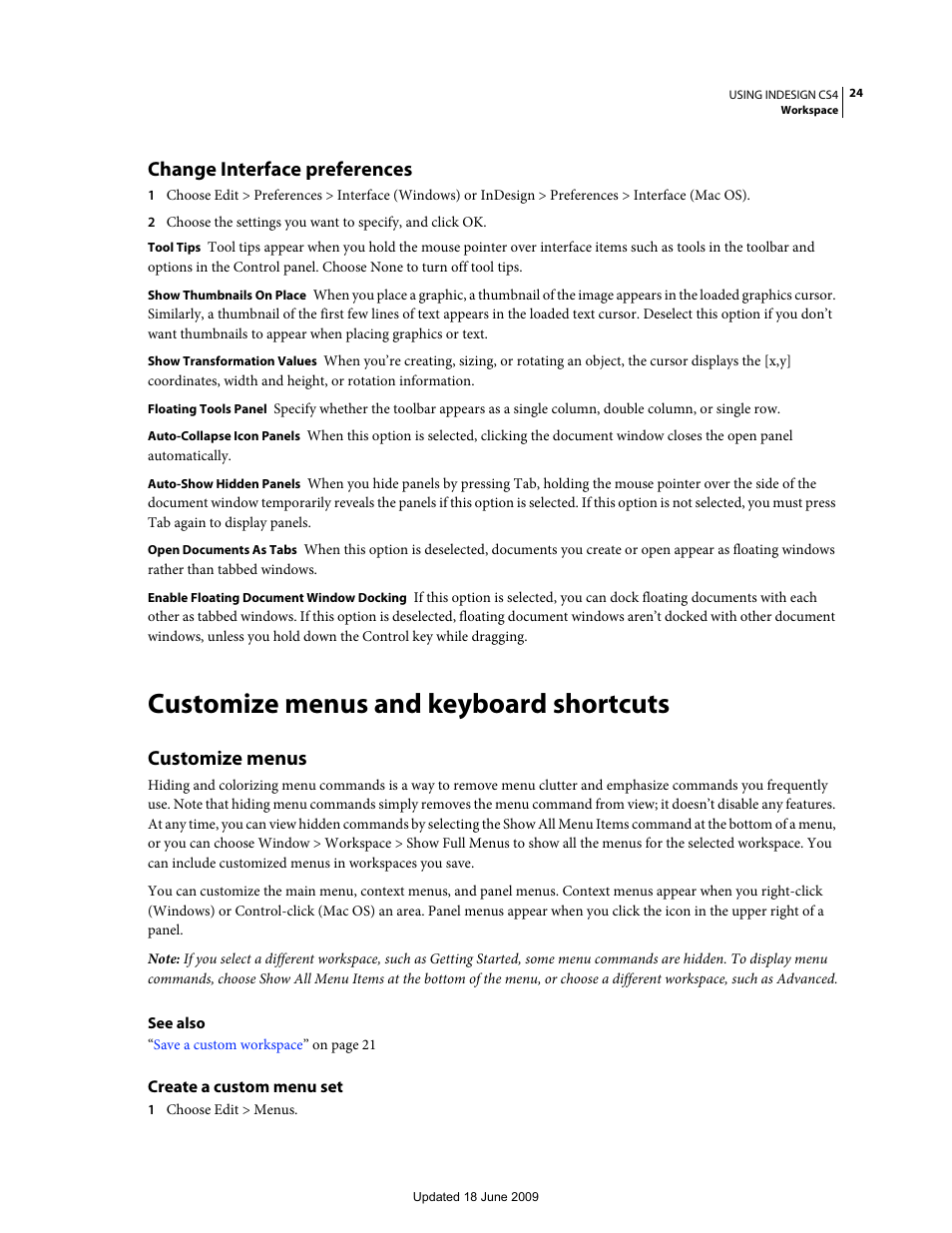 Change interface preferences, Customize menus and keyboard shortcuts, Customize menus | Create a custom menu set | Adobe InDesign CS4 User Manual | Page 32 / 717