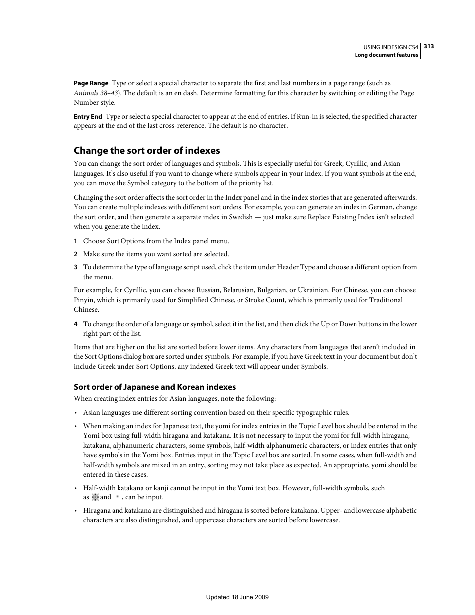 Change the sort order of indexes, Sort order of japanese and korean indexes, Characters. (see | Adobe InDesign CS4 User Manual | Page 321 / 717