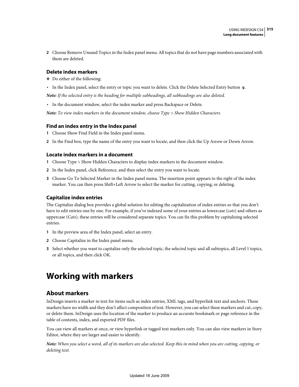 Delete index markers, Find an index entry in the index panel, Locate index markers in a document | Capitalize index entries, Working with markers, About markers | Adobe InDesign CS4 User Manual | Page 323 / 717