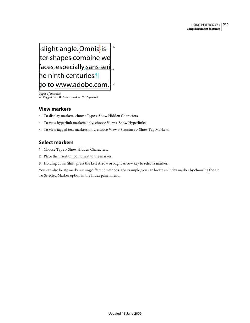 View markers, Select markers | Adobe InDesign CS4 User Manual | Page 324 / 717