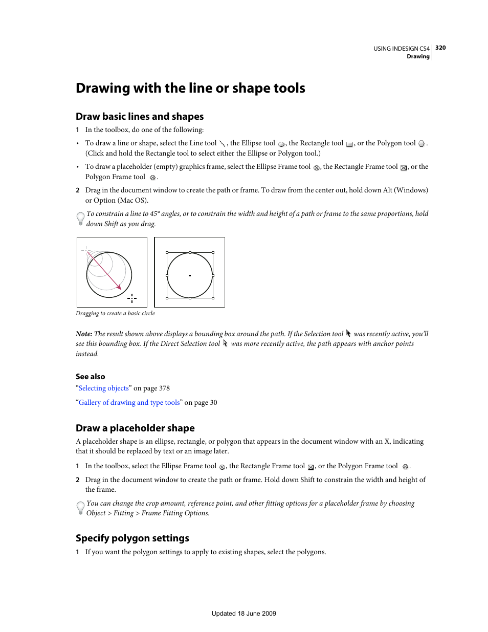 Drawing with the line or shape tools, Draw basic lines and shapes, Draw a placeholder shape | Specify polygon settings | Adobe InDesign CS4 User Manual | Page 328 / 717