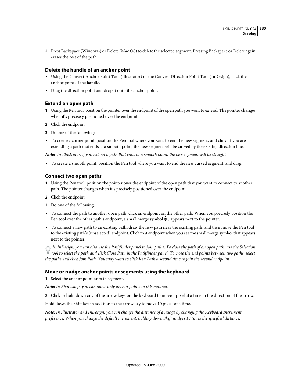 Delete the handle of an anchor point, Extend an open path, Connect two open paths | Adobe InDesign CS4 User Manual | Page 338 / 717