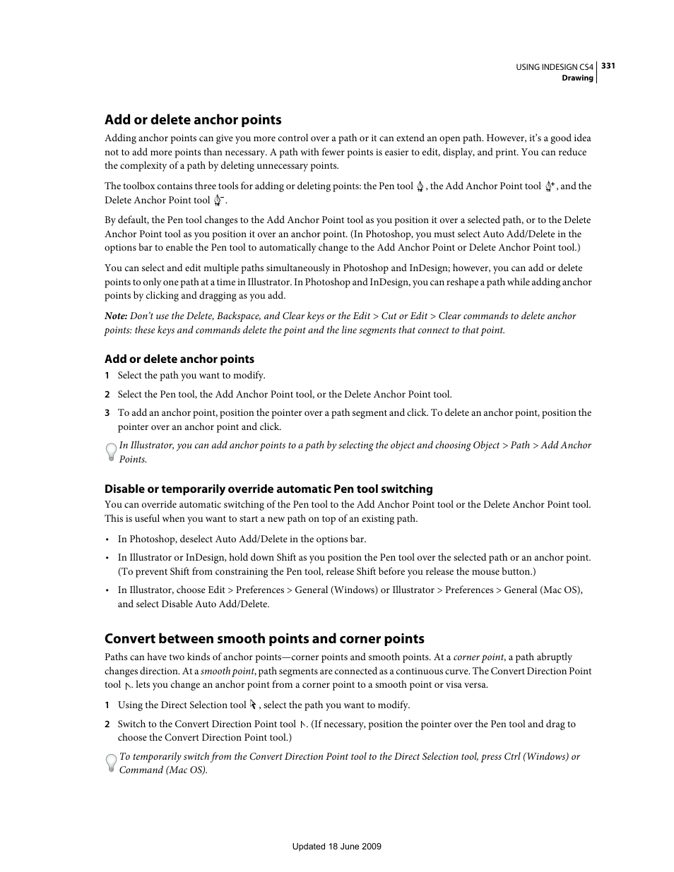 Add or delete anchor points, Convert between smooth points and corner points | Adobe InDesign CS4 User Manual | Page 339 / 717