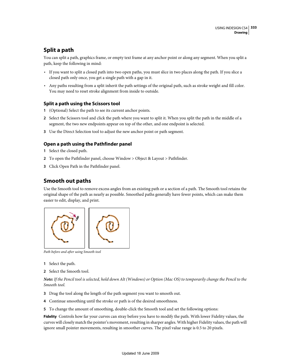 Split a path, Split a path using the scissors tool, Open a path using the pathfinder panel | Smooth out paths, Splits paths and frames. (see | Adobe InDesign CS4 User Manual | Page 341 / 717