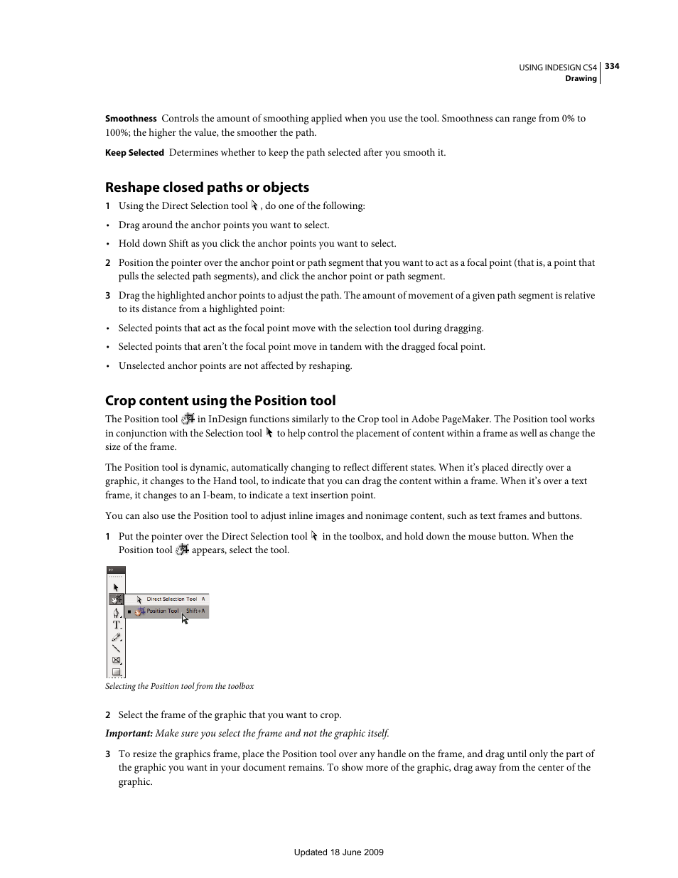 Reshape closed paths or objects, Crop content using the position tool | Adobe InDesign CS4 User Manual | Page 342 / 717