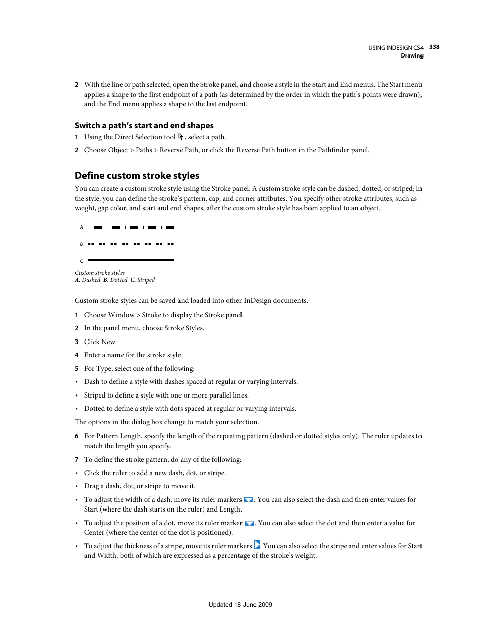 Switch a path’s start and end shapes, Define custom stroke styles | Adobe InDesign CS4 User Manual | Page 346 / 717