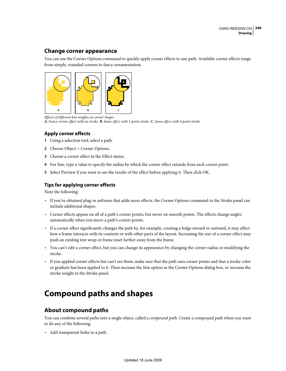 Change corner appearance, Apply corner effects, Tips for applying corner effects | Compound paths and shapes, About compound paths | Adobe InDesign CS4 User Manual | Page 348 / 717