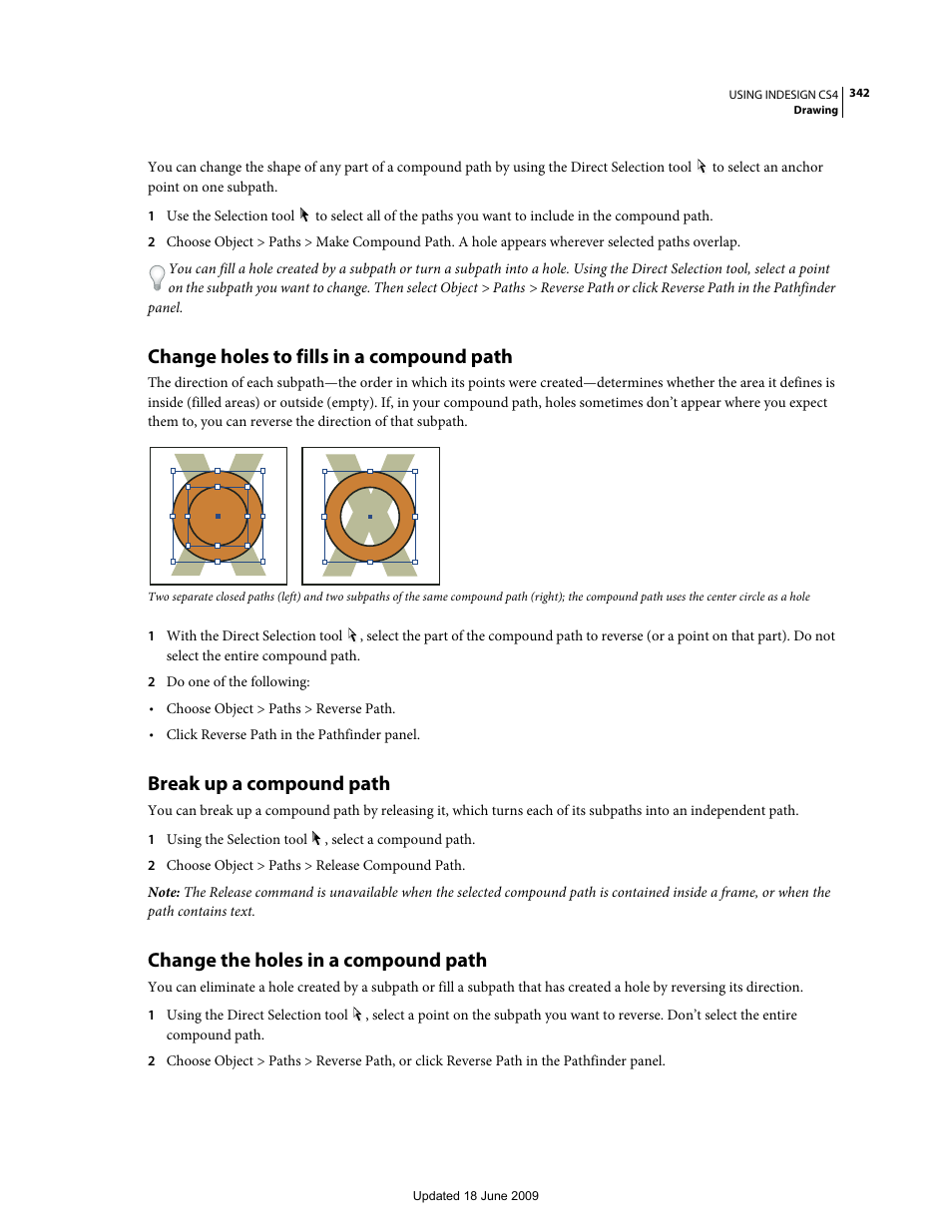 Change holes to fills in a compound path, Break up a compound path, Change the holes in a compound path | Adobe InDesign CS4 User Manual | Page 350 / 717