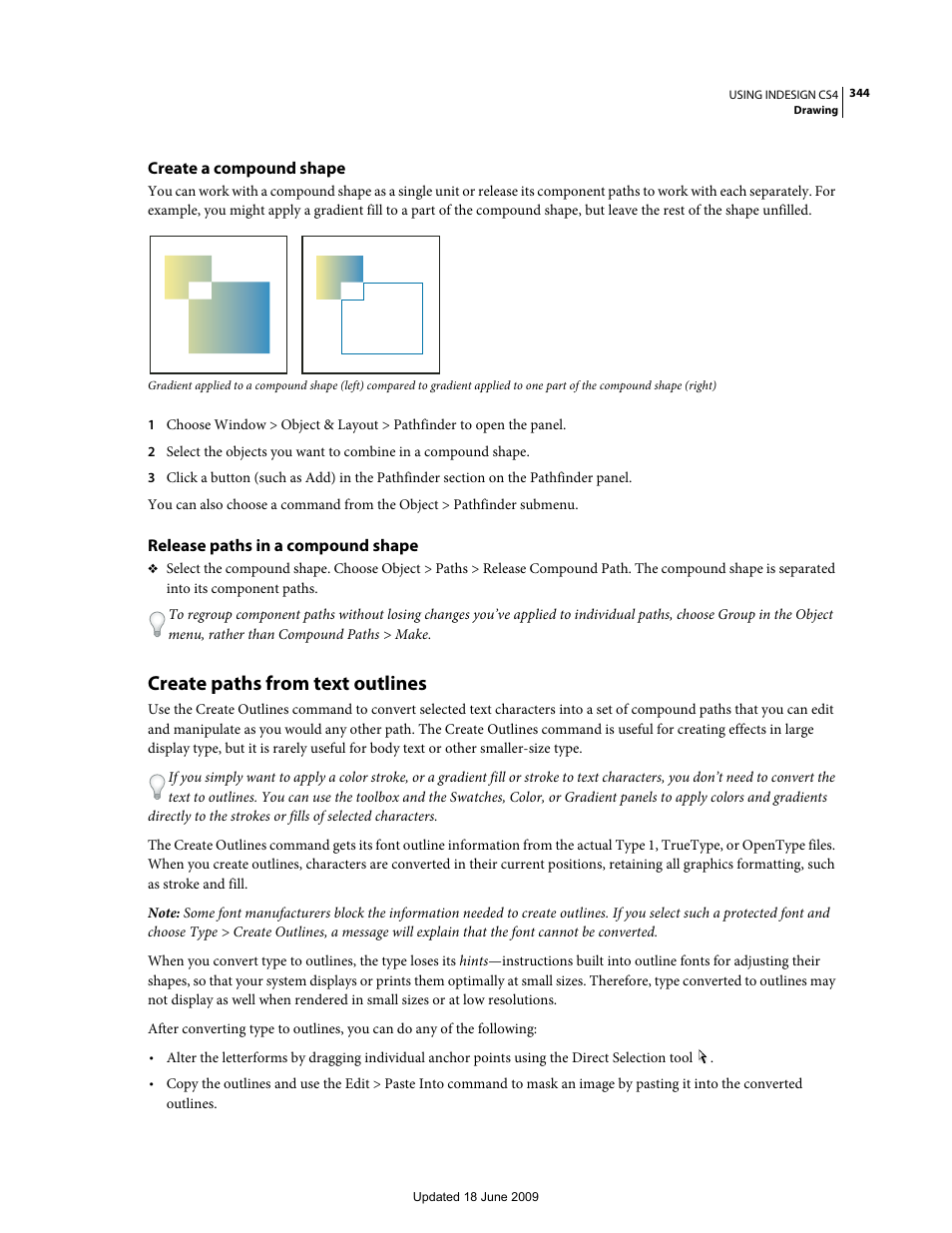 Create a compound shape, Release paths in a compound shape, Create paths from text outlines | Adobe InDesign CS4 User Manual | Page 352 / 717