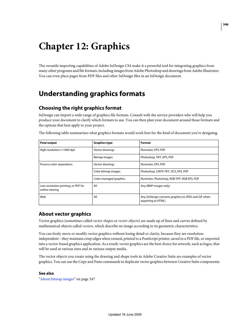 Chapter 12: graphics, Understanding graphics formats, Choosing the right graphics format | About vector graphics | Adobe InDesign CS4 User Manual | Page 354 / 717