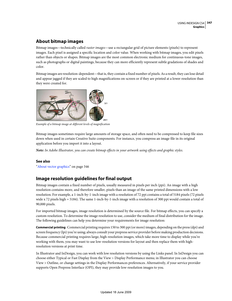 About bitmap images, Image resolution guidelines for final output | Adobe InDesign CS4 User Manual | Page 355 / 717