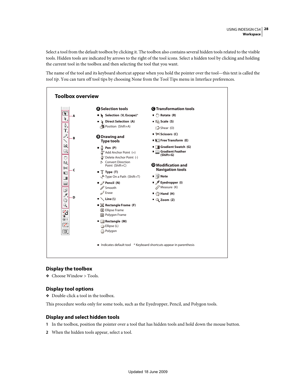 Display the toolbox, Display tool options, Display and select hidden tools | Toolbox overview | Adobe InDesign CS4 User Manual | Page 36 / 717