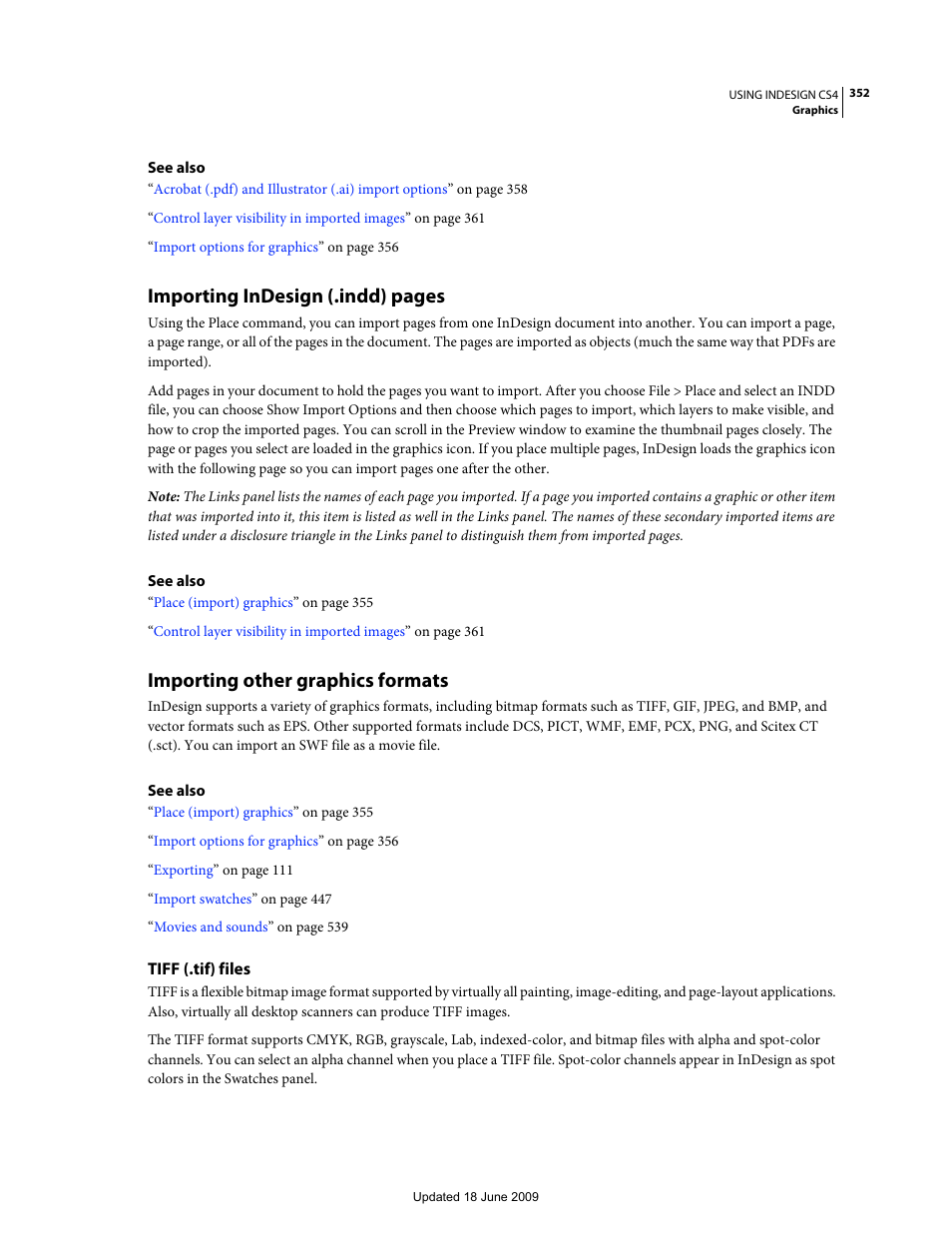 Importing other graphics formats, Tiff (.tif) files, Importing indesign (.indd) pages | Adobe InDesign CS4 User Manual | Page 360 / 717