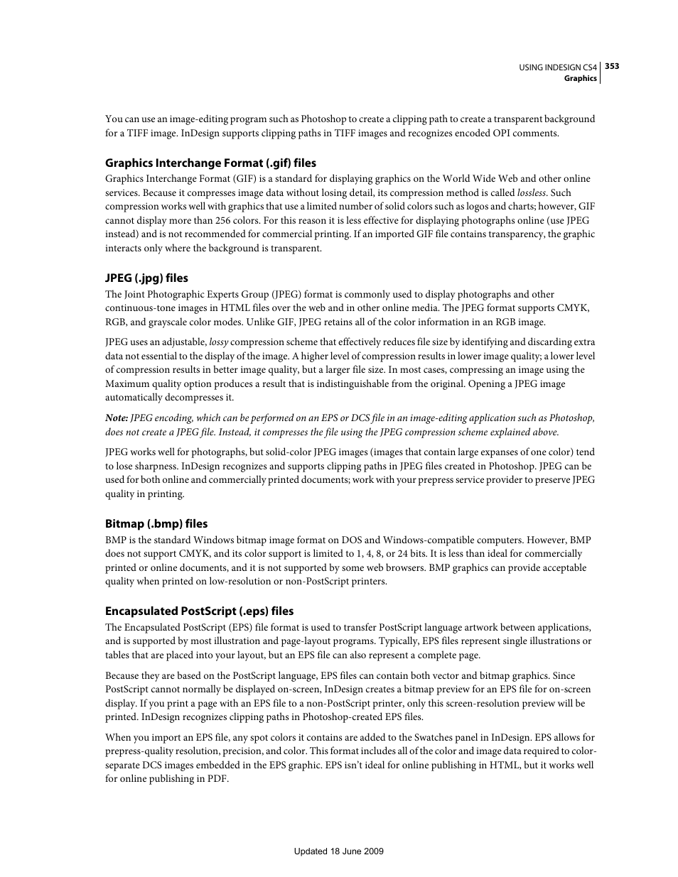 Graphics interchange format (.gif) files, Jpeg (.jpg) files, Bitmap (.bmp) files | Encapsulated postscript (.eps) files | Adobe InDesign CS4 User Manual | Page 361 / 717