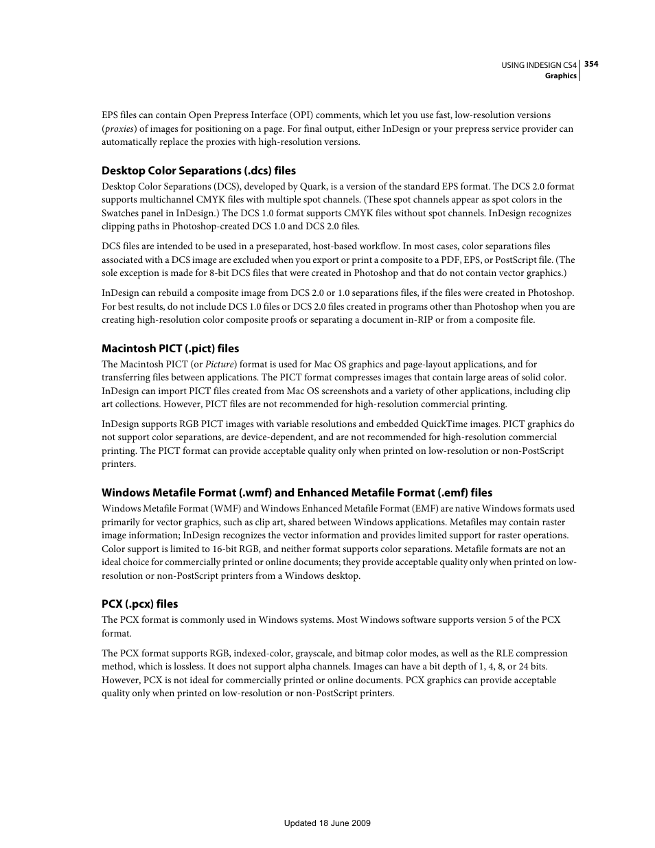 Desktop color separations (.dcs) files, Macintosh pict (.pict) files, Pcx (.pcx) files | Adobe InDesign CS4 User Manual | Page 362 / 717