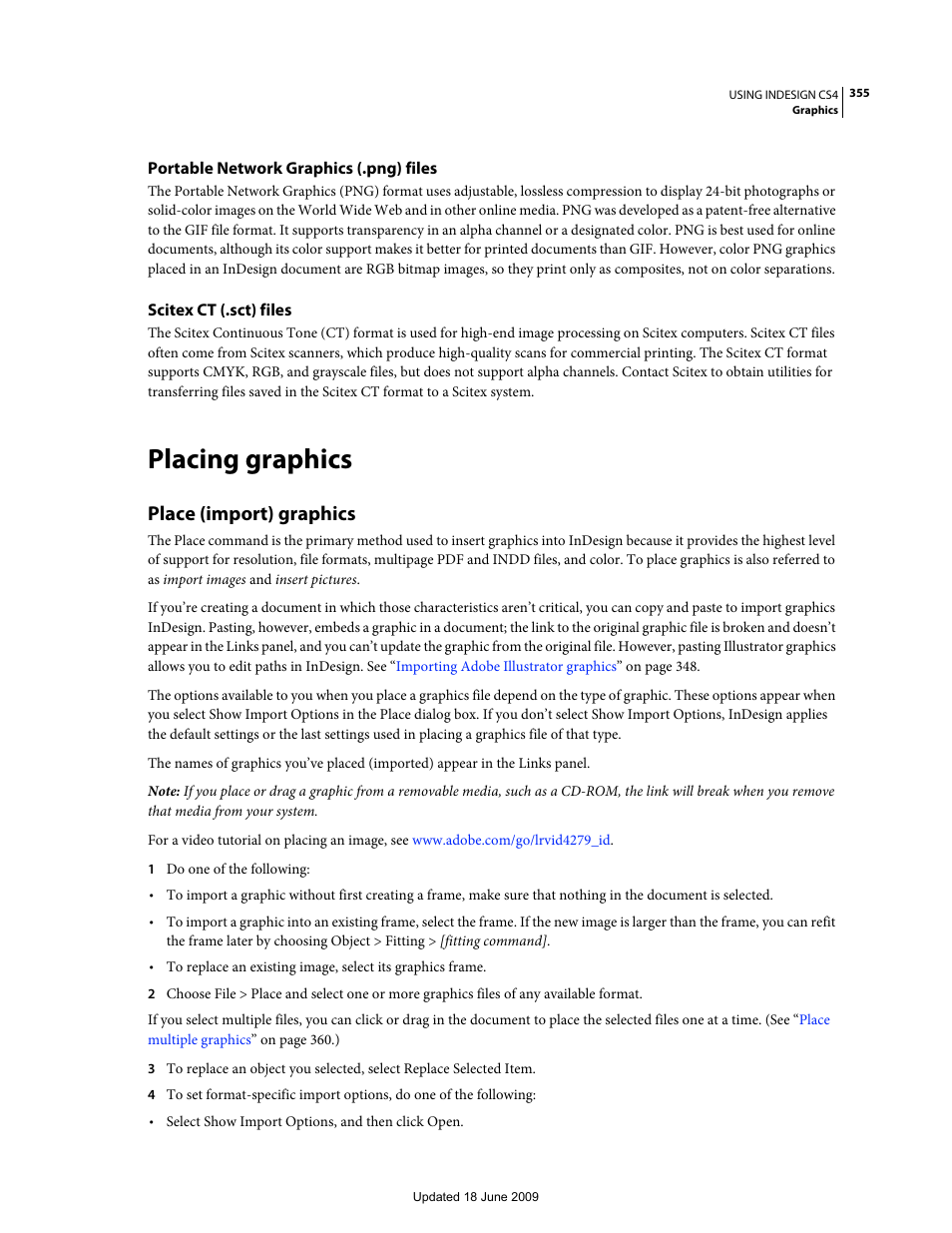 Portable network graphics (.png) files, Scitex ct (.sct) files, Placing graphics | Place (import) graphics | Adobe InDesign CS4 User Manual | Page 363 / 717