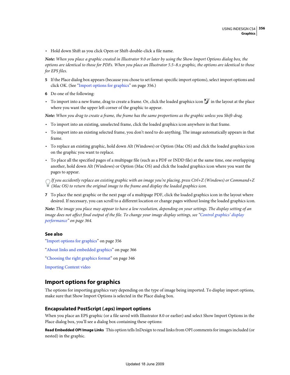 Import options for graphics, Encapsulated postscript (.eps) import options | Adobe InDesign CS4 User Manual | Page 364 / 717