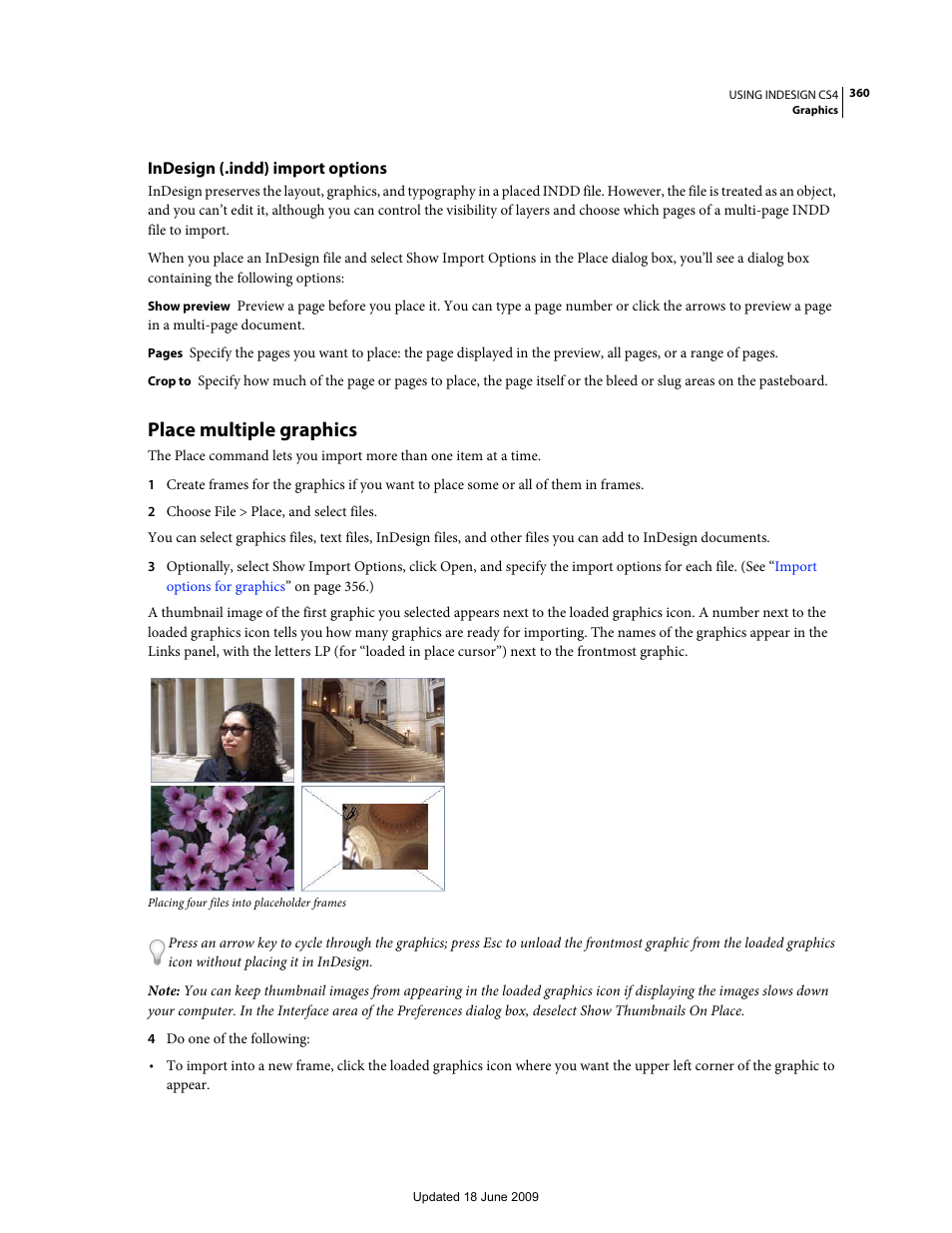 Indesign (.indd) import options, Place multiple graphics, Place | Multiple graphics | Adobe InDesign CS4 User Manual | Page 368 / 717