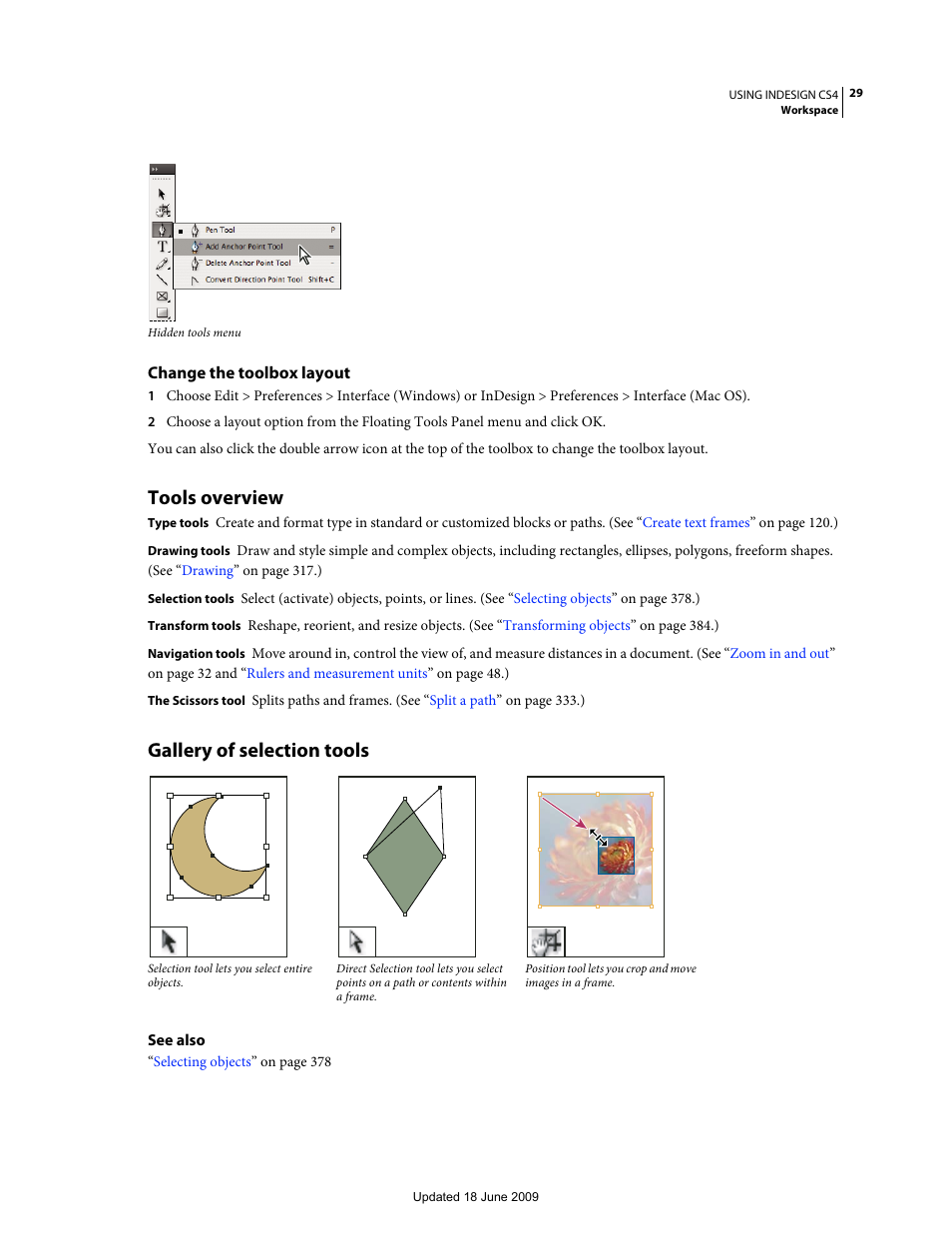 Change the toolbox layout, Tools overview, Gallery of selection tools | Adobe InDesign CS4 User Manual | Page 37 / 717