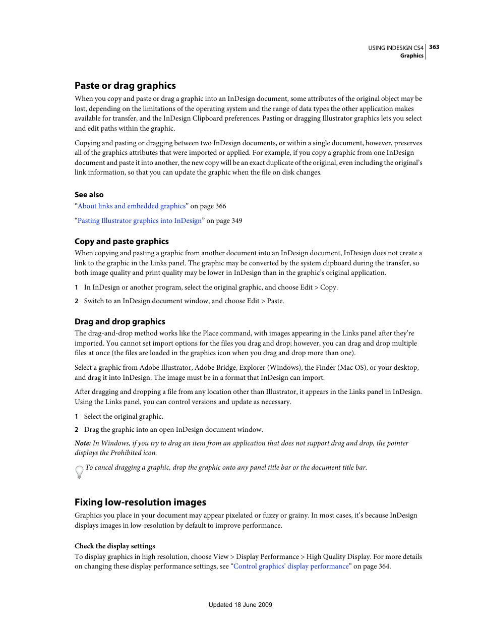 Paste or drag graphics, Copy and paste graphics, Drag and drop graphics | Fixing low-resolution images | Adobe InDesign CS4 User Manual | Page 371 / 717