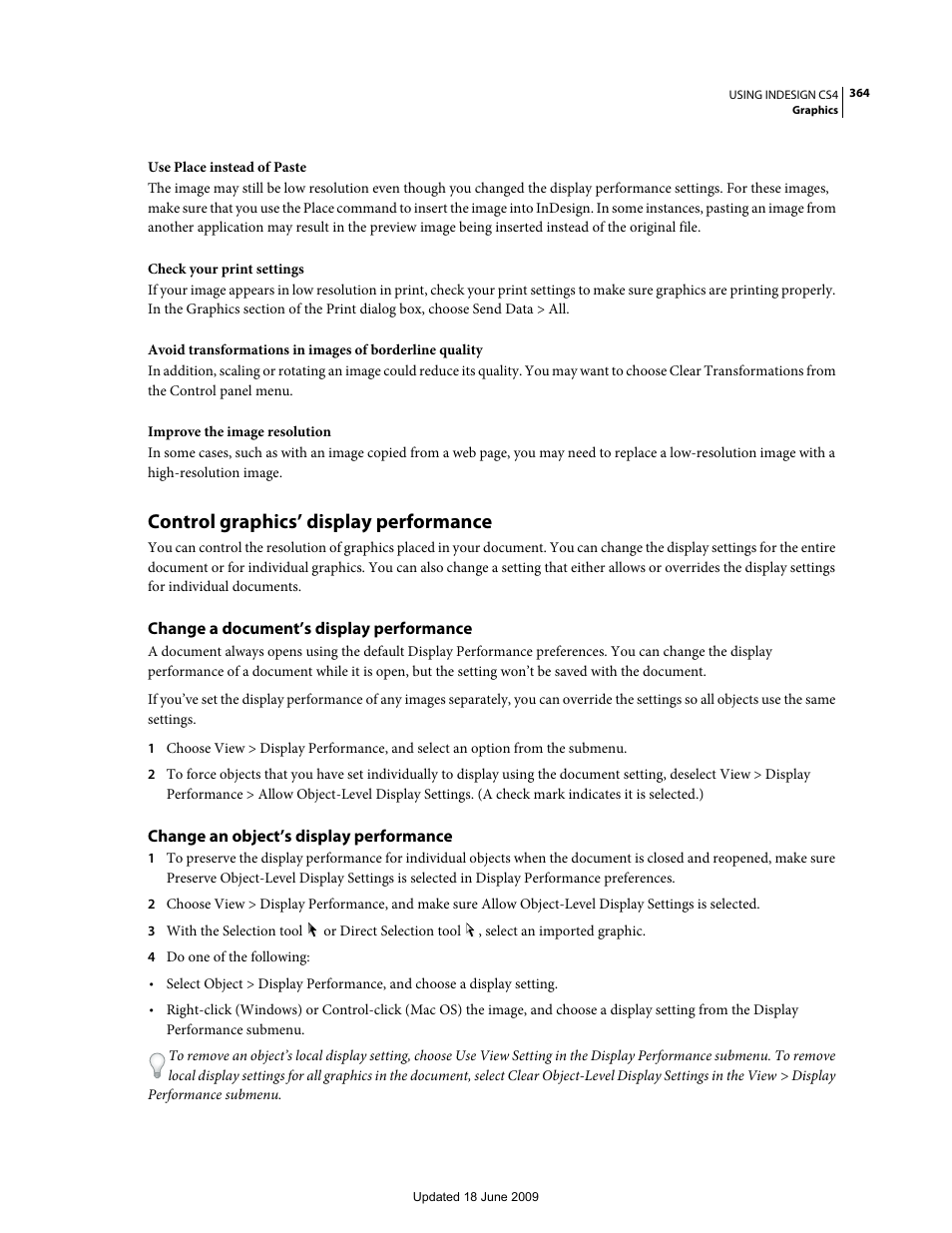Control graphics’ display performance, Change a document’s display performance, Change an object’s display performance | Control graphics’ display, Performance | Adobe InDesign CS4 User Manual | Page 372 / 717