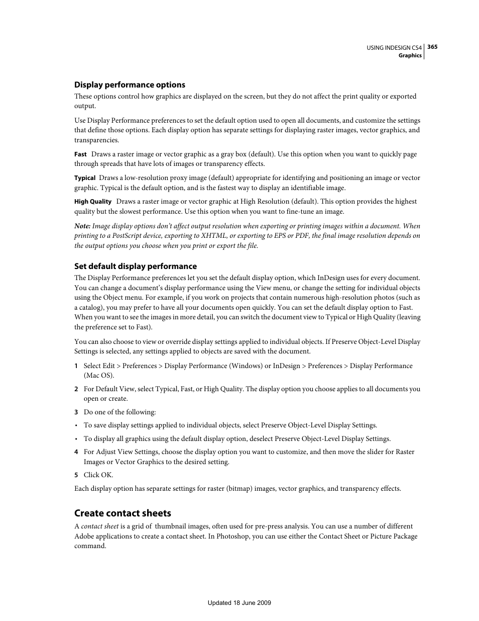 Display performance options, Set default display performance, Create contact sheets | Adobe InDesign CS4 User Manual | Page 373 / 717