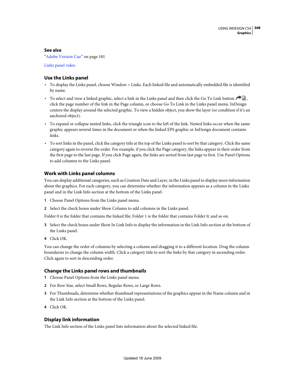 Use the links panel, Work with links panel columns, Change the links panel rows and thumbnails | Display link information | Adobe InDesign CS4 User Manual | Page 376 / 717