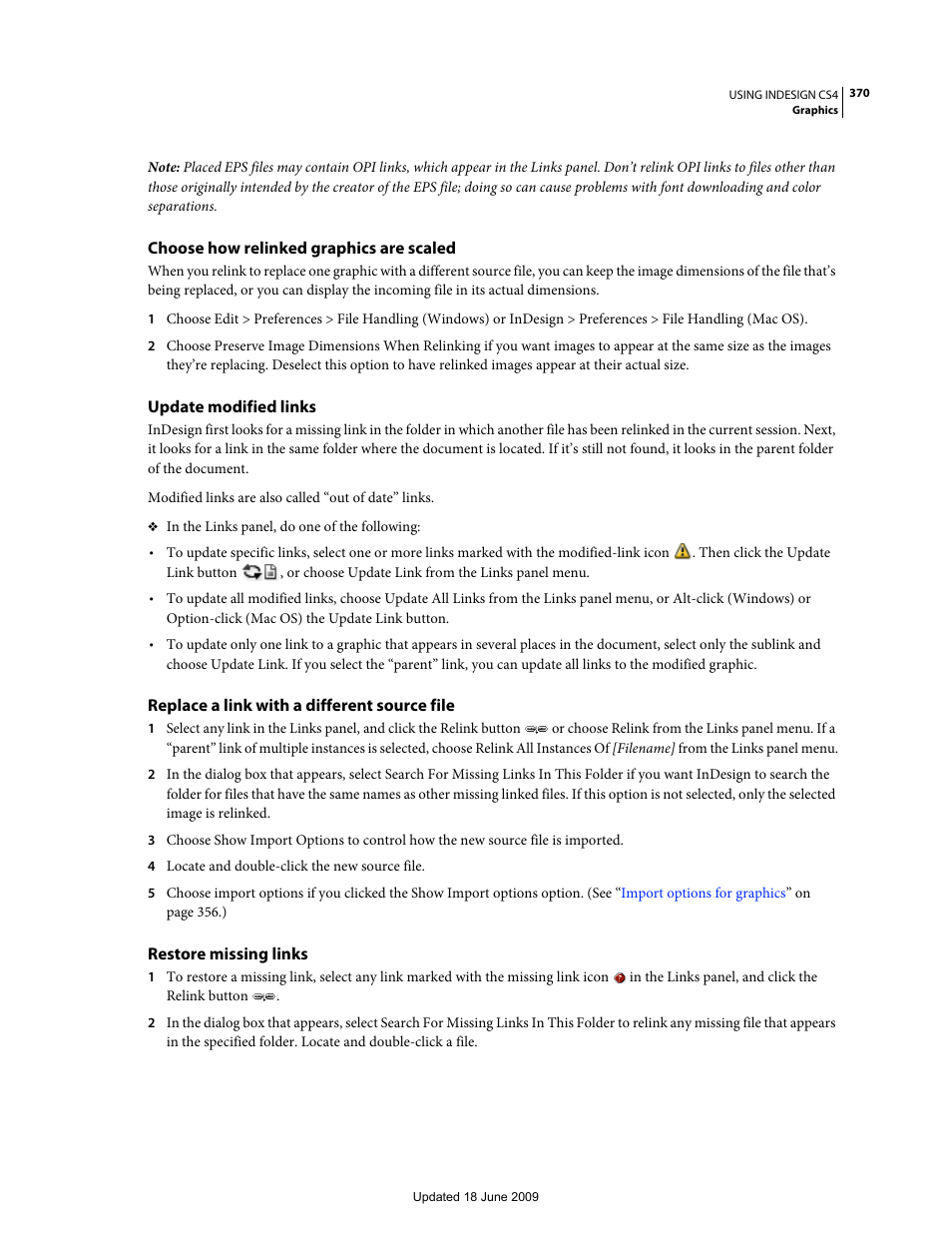 Choose how relinked graphics are scaled, Update modified links, Replace a link with a different source file | Restore missing links | Adobe InDesign CS4 User Manual | Page 378 / 717