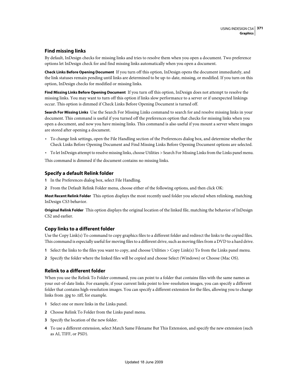 Find missing links, Specify a default relink folder, Copy links to a different folder | Relink to a different folder | Adobe InDesign CS4 User Manual | Page 379 / 717