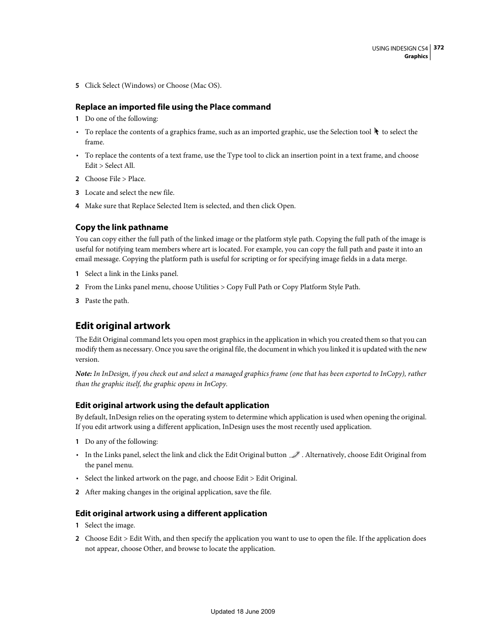 Replace an imported file using the place command, Copy the link pathname, Edit original artwork | System to default to the appropriate program. see | Adobe InDesign CS4 User Manual | Page 380 / 717