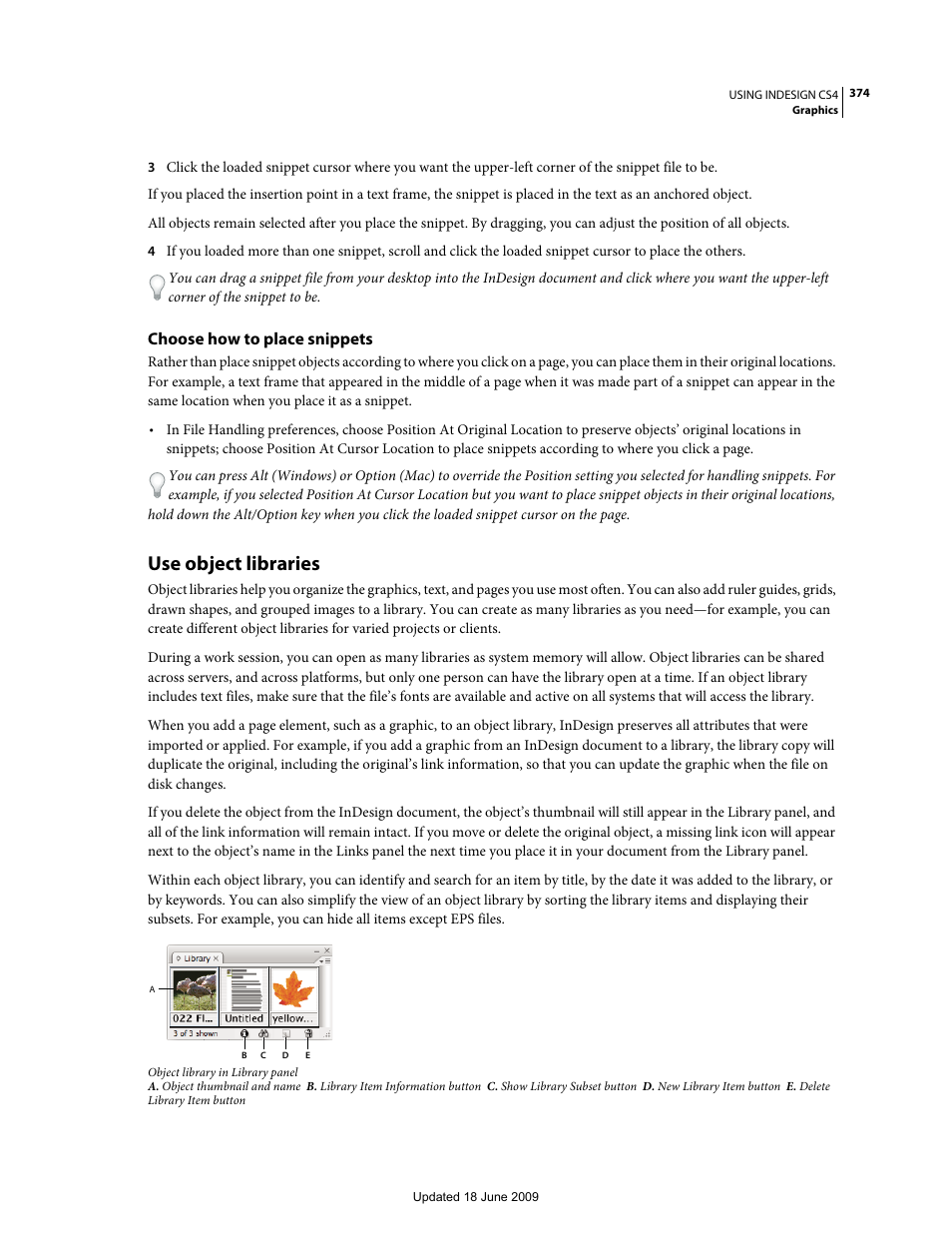 Choose how to place snippets, Use object libraries | Adobe InDesign CS4 User Manual | Page 382 / 717