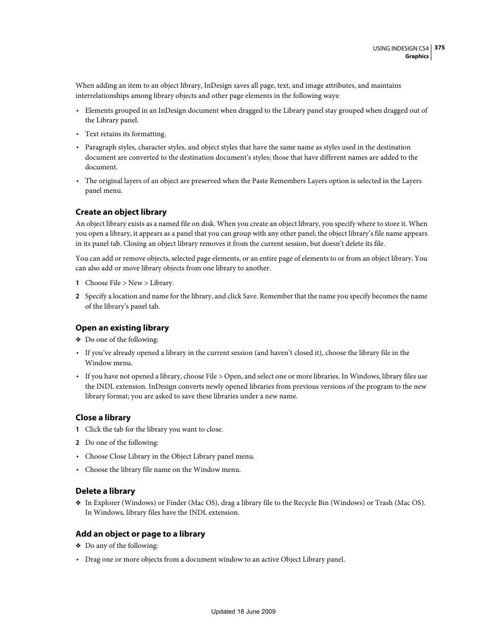 Create an object library, Open an existing library, Close a library | Delete a library | Adobe InDesign CS4 User Manual | Page 383 / 717