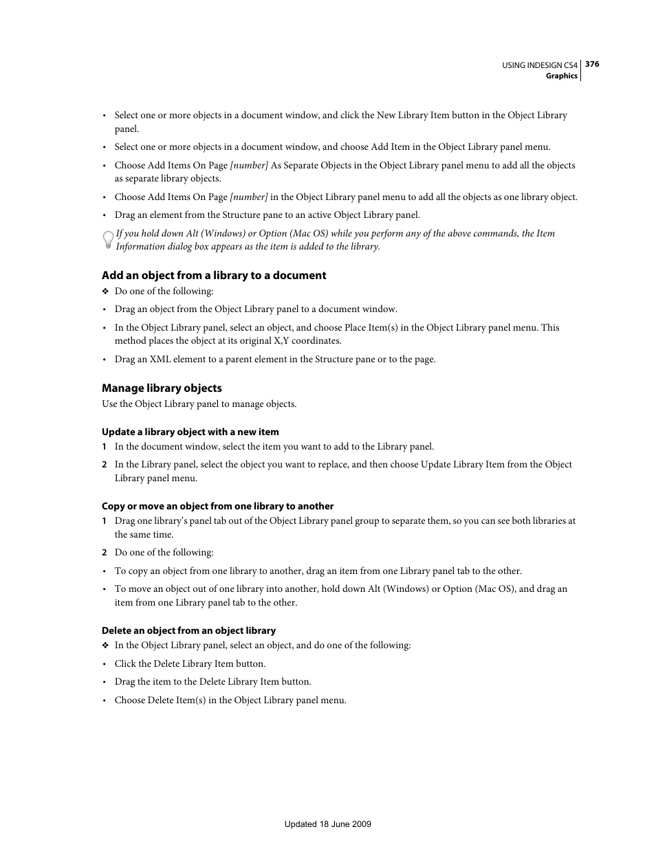 Add an object from a library to a document, Manage library objects | Adobe InDesign CS4 User Manual | Page 384 / 717