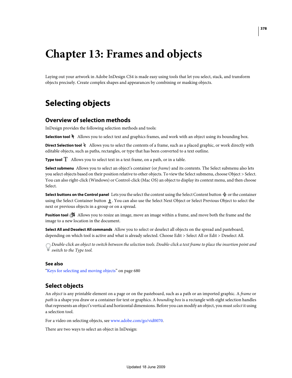 Chapter 13: frames and objects, Selecting objects, Overview of selection methods | Select objects | Adobe InDesign CS4 User Manual | Page 386 / 717