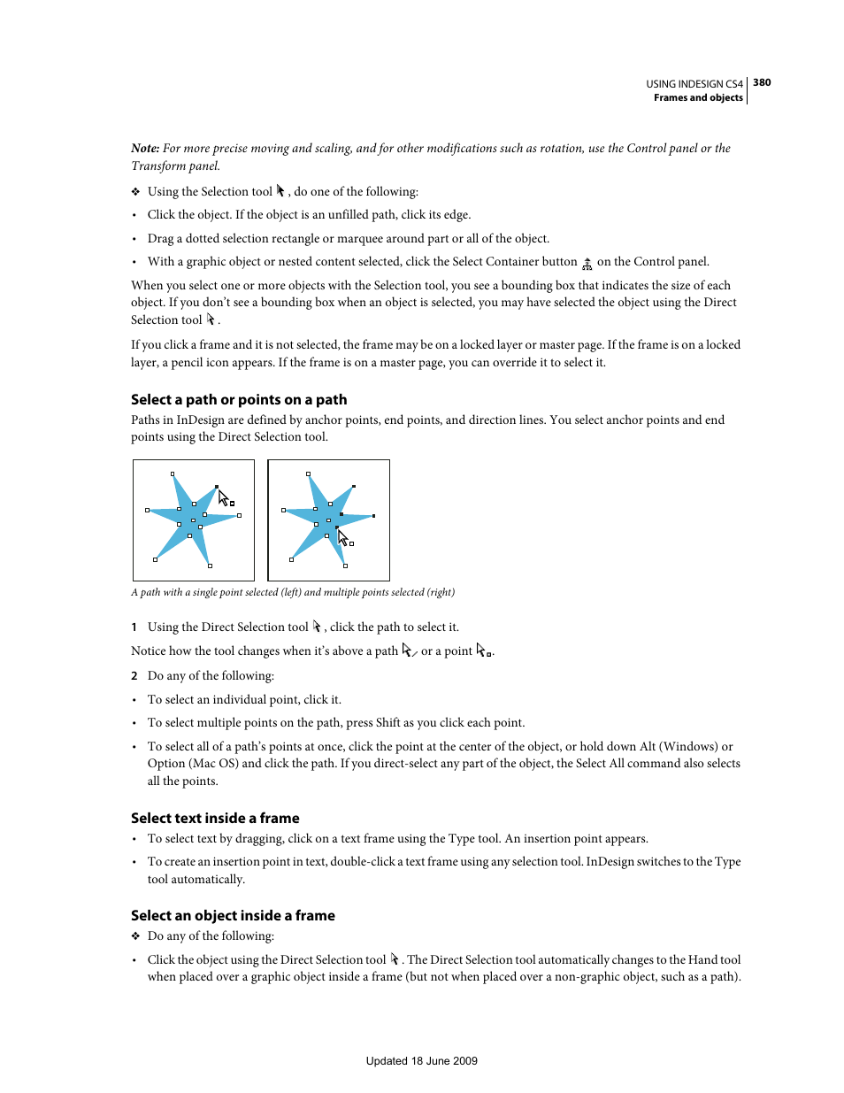 Select a path or points on a path, Select text inside a frame, Select an object inside a frame | Adobe InDesign CS4 User Manual | Page 388 / 717