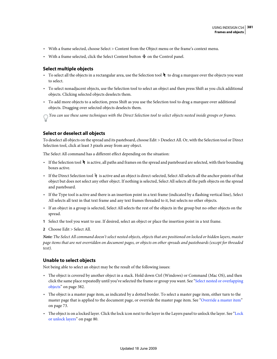 Select multiple objects, Select or deselect all objects, Unable to select objects | Adobe InDesign CS4 User Manual | Page 389 / 717