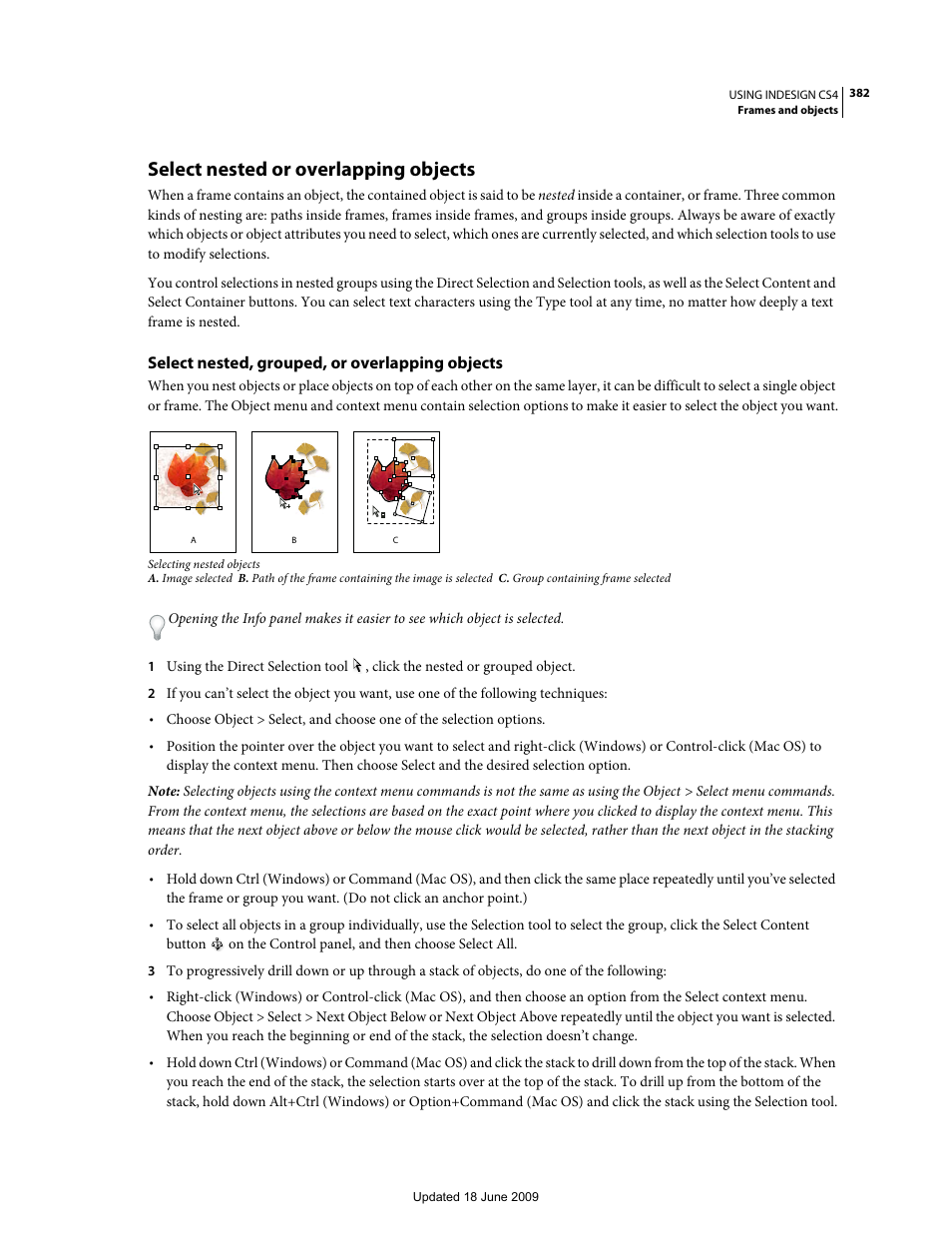 Select nested or overlapping objects, Select nested, grouped, or overlapping objects, Select nested or overlapping | Objects | Adobe InDesign CS4 User Manual | Page 390 / 717