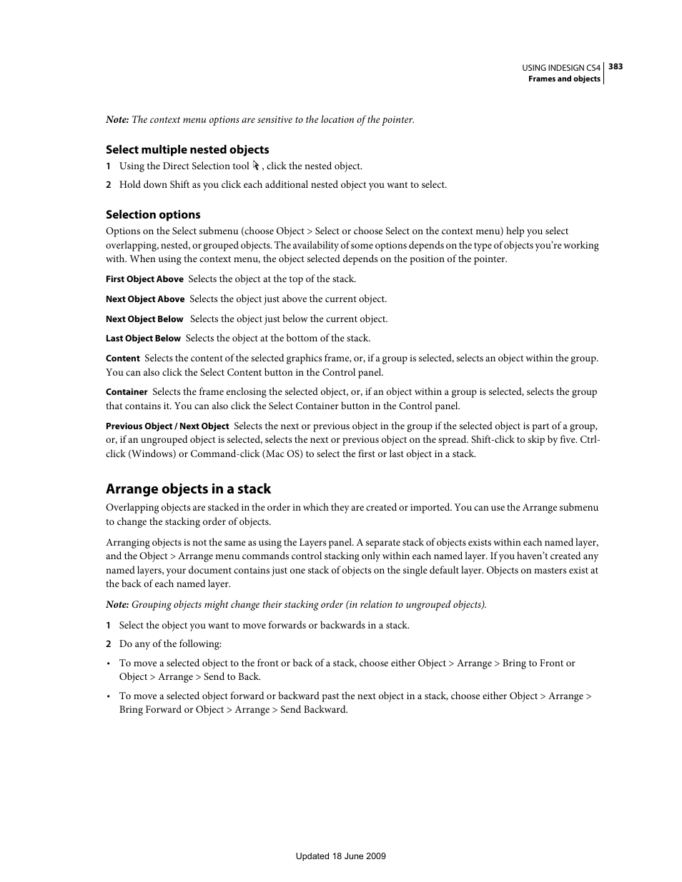 Select multiple nested objects, Selection options, Arrange objects in a stack | Adobe InDesign CS4 User Manual | Page 391 / 717