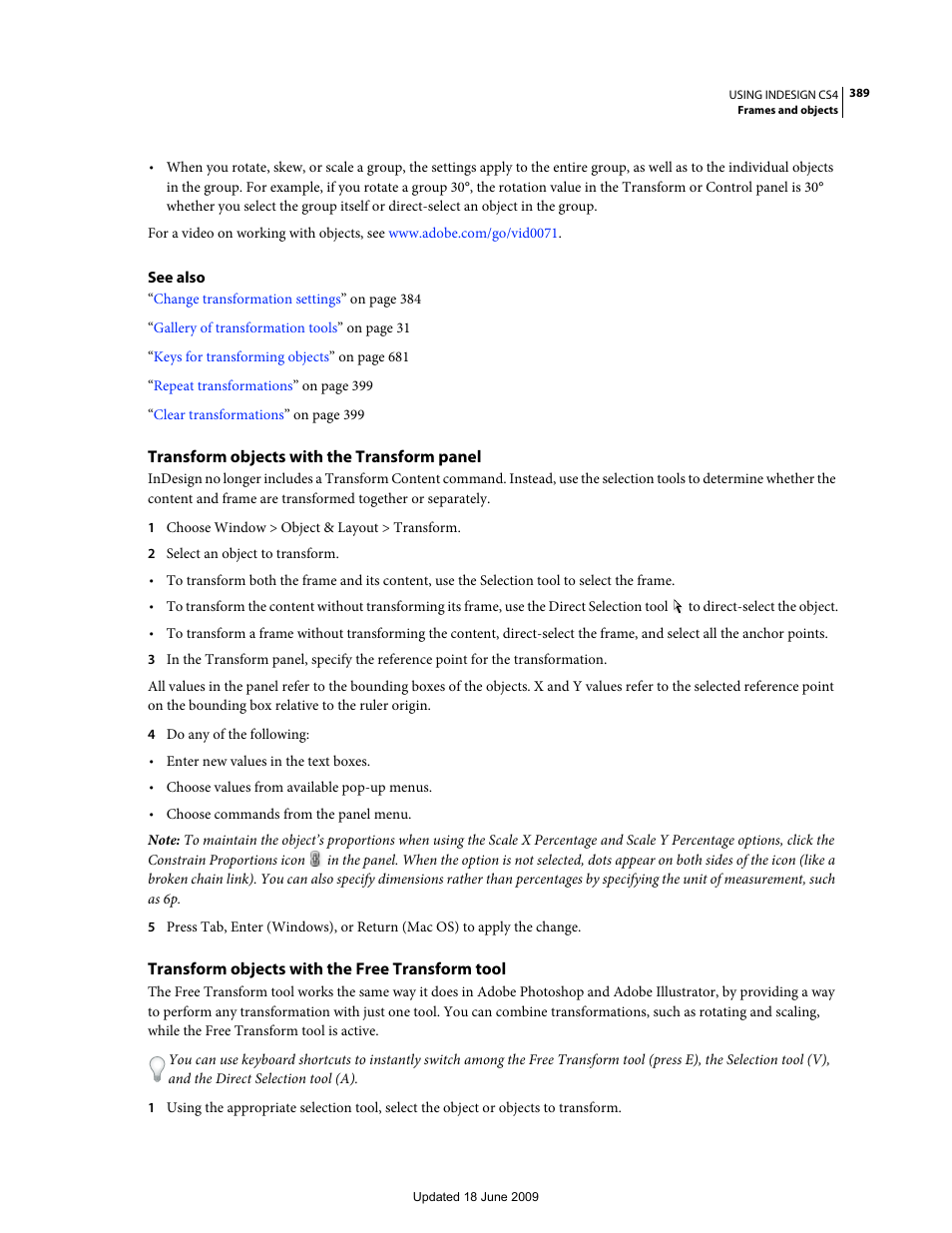 Transform objects with the transform panel, Transform objects with the free transform tool | Adobe InDesign CS4 User Manual | Page 397 / 717